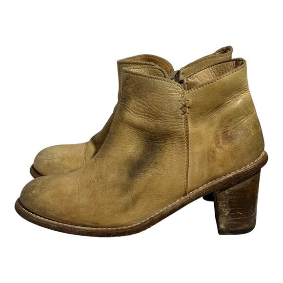 Bed|Stu Tan Leather Heeled Booties Women's 8.5 M Rustic Block Heel Distressed - Picture 4 of 8